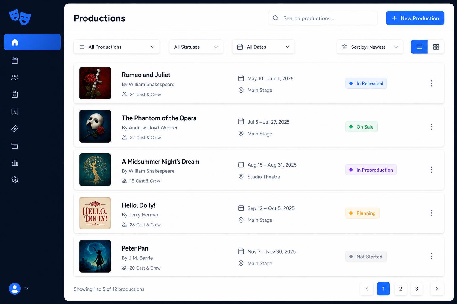 Productions interface screenshot